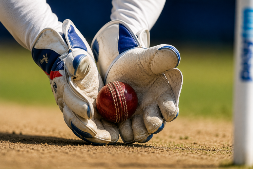 wicketkeeping techniques in cricket close-up of keeper gloves taking delivery with soft hands