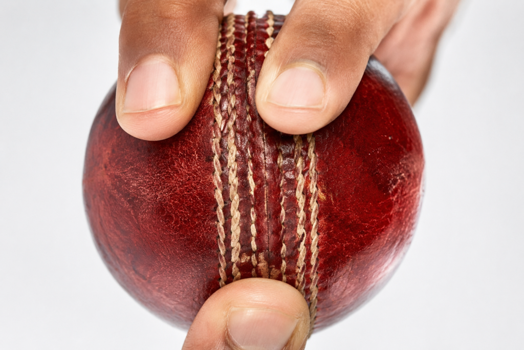 Bowling techniques in cricket seam grip close-up with fingers on raised red leather seam